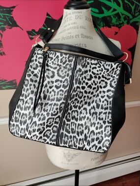 NWOT Maya Leopard Print Black & White Hobo Bag In Vegan Leather